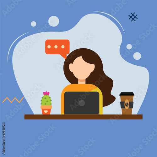 vector woman working at home  flat-hand drawn remote working scenes