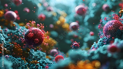 Virus, bacteria, fungi medical 3D background. Coronavirus covid-19 disease epidemic strains. Omicron, rhinovirus, HPV infection, HIV, adenovirus, influenza illness virus cells, antibody, bacteriophage photo