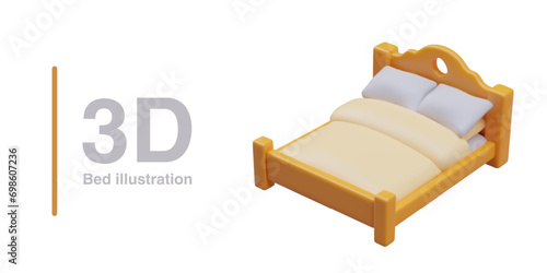 Double bed with carved headboard. 3D bed frame with wooden back. Bedclothes with two pillows. Illustration for furniture and bedding store. Vector design