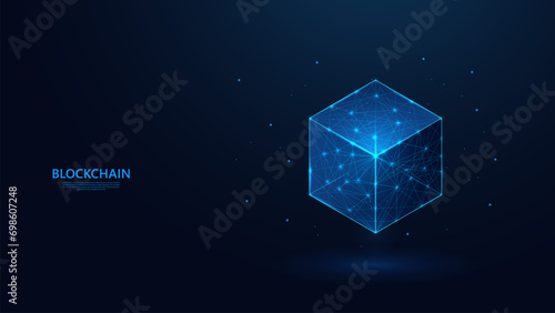 Abstract blockchain technology concept in futuristic low poly wireframe style. blue background with a sprinkling of shining stars. photo