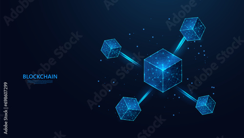 Abstract blockchain technology concept in futuristic low poly wireframe style. blue background with a sprinkling of shining stars.