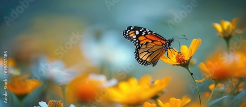 Butterfly perched on a yellow flower against a bright backdrop.
