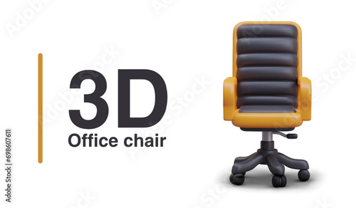 Realistic office chair for long-sitting work. Placard for store selling office furniture. Vector illustration in 3d style with place for text in black and yellow colors