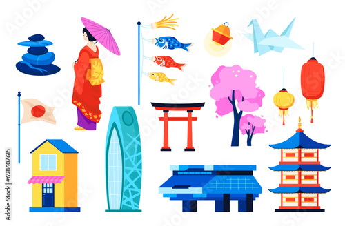 Japan in detail - flat design style objects set. High quality colorful images of geisha in kimono, koinobori fish, origami paper crane, lanterns and national flag, torii gate and shinto shrine