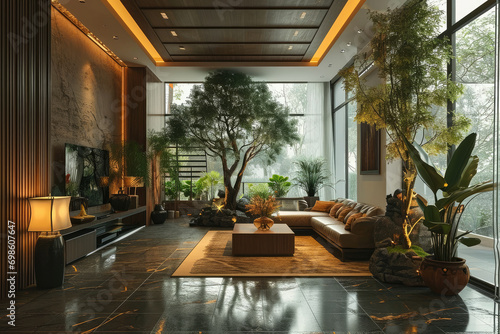 Interior design modern minimal living room  interior luxury style  resort or hotel with luxury  three-dimensional  tropical room  generative ai.