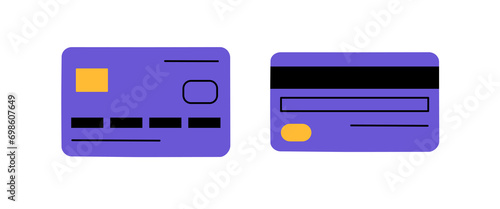 Hand drawn cute cartoon illustration of credit card on both sides. Flat vector money E-wallet sticker in colored doodle style. Shopping or payment icon or print. Online payment method. Isolated.