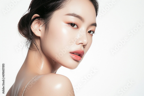 Beautiful portrait asian Korean woman makeup of cosmetic  beauty of happy girl with face smile attractive isolated on white background  perfect with wellness and healthcare concept.