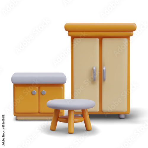 Realistic wooden commode, shelf for clothes, and tea table. Furniture collection for comfort living. Vector illustration in 3d style with white background