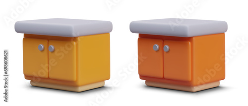 Side view on commode with two doors in cartoon style. Home furniture set in yellow and orange colors. Vector illustration in 3d style with white background