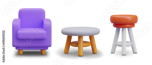 Set of vector 3D furniture for seating. Soft chair, low stool, high backless chair. Convenient items for home interior. Color icons for site. Furniture store