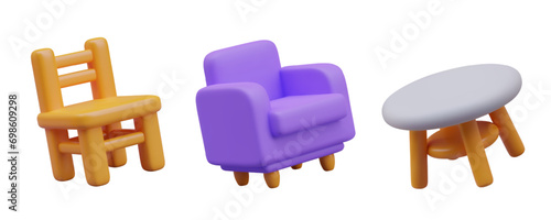 Wooden fullback chair, soft purple armchair, round stool. Isolated vector furniture for sitting. 3D models at angle. Templates for online store. Cute design