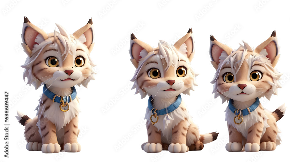 Witness a charming sight—an adorable little Lynx styled in a cute. Anime-inspired style. With a Charming Smile, With a Transparent White Background. Generative AI