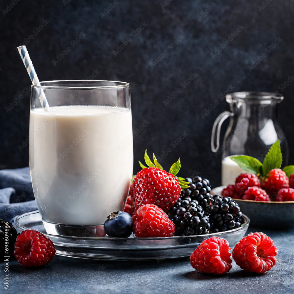 A milk showcased in a transparent tumbler beside fresh berries, copy space, detailed, perfect composition. A milk showcased in a transparent tumbler beside fresh berries, copy space, detailed, perfect composition.