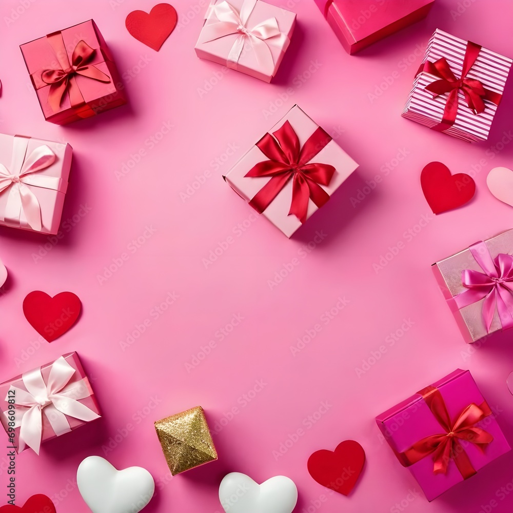 Pink Gift box and hearts on pink background. Valentine Day, Wedding or Birthday.