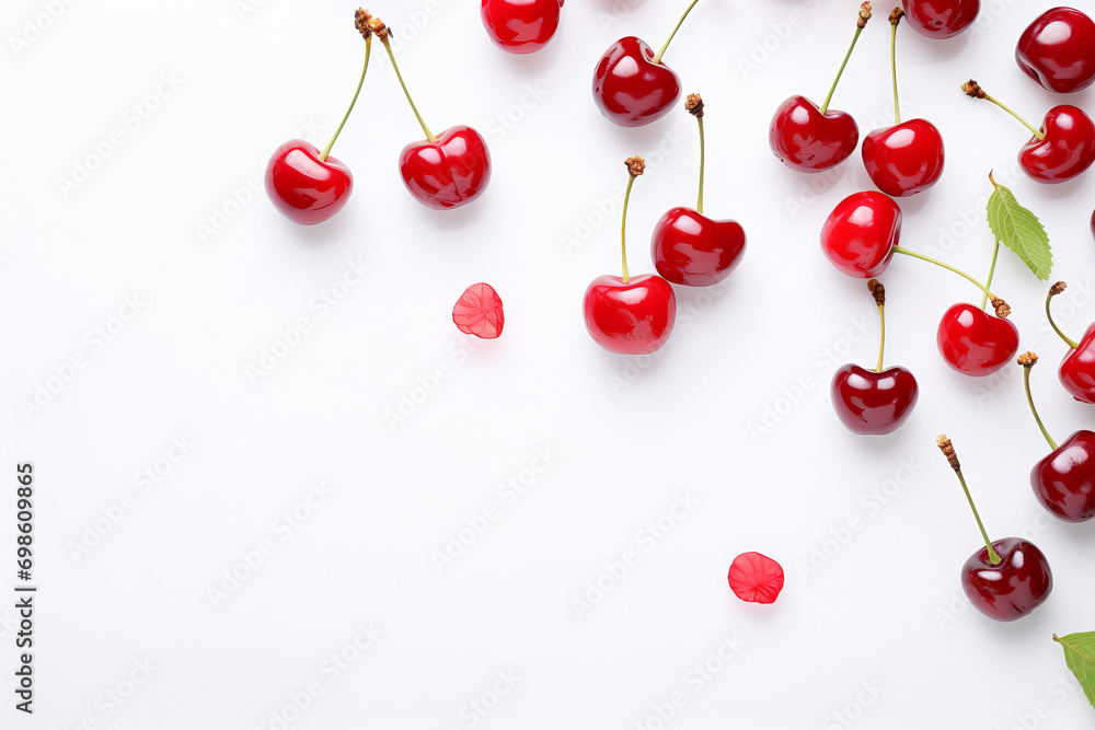 sweet cherries on white background wit copy space, generative ai, generative,  ai, - obrazy, fototapety, plakaty 