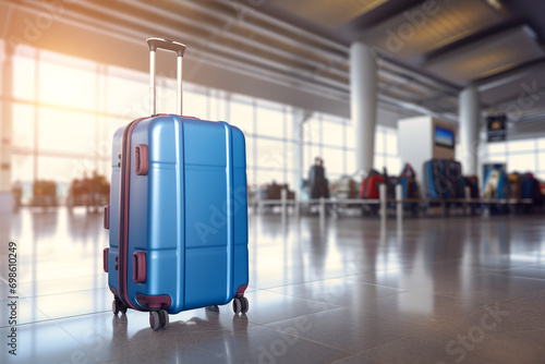 A blue suitcase sitting on the floor in an airport. Generative AI photo