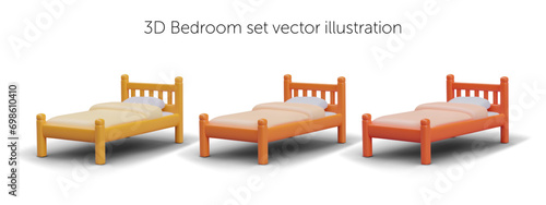 Set of single beds with frame of different colors. Wooden bedroom furniture. Illustrations for choosing options in online store. Realistic isolated images