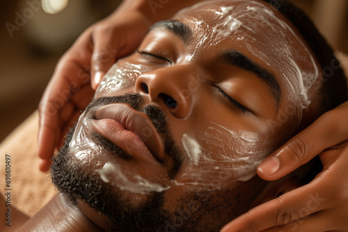 Young African-American man enjoying a rejuvenating facial treatment at a luxurious spa, relaxed expression and the gentle hands of the spa therapist