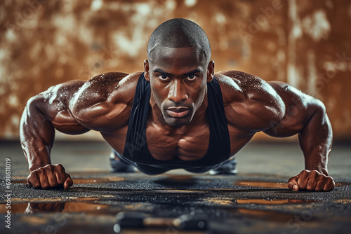 A african-american athlete with healthy muscular body doing pushups in a gym while sweating and improving his physical body form, an ad for a gym or a fitness club