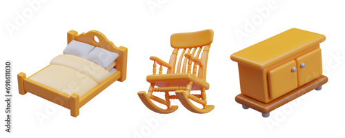 Set with big bed with blanket and pillows, realistic rocking chair, and commode with two doors. Furniture for home. Vector illustration in 3d style with white background