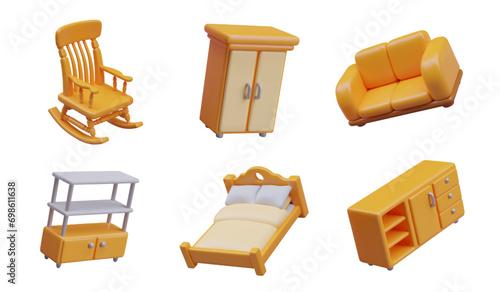 Set of vector 3D yellow furniture for home. Rocking chair, wardrobe, sofa, shelf, bed, chest of drawers. Isolated illustrations in different positions