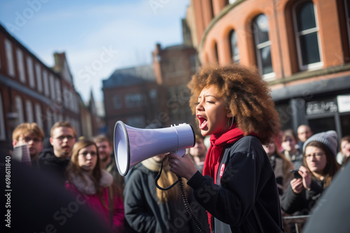 A confident female activist with a natural Afro and vibrant red lipstick, energetically holding up a loudspeaker - protest, call to action