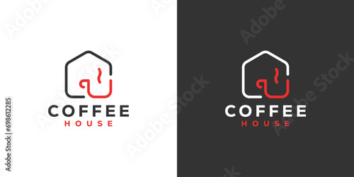 Simple Coffee House Logo. Coffee and Home with Linear Style. Cafe, Coffee Shop, Logo Design Template.