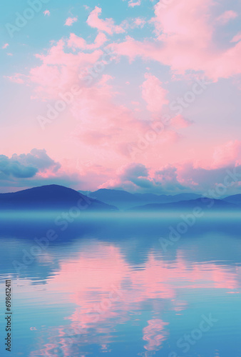 A sunrise over lake.  Vaporwave  light pink and light blue  dreamy colors. Mountainous vistas. romantic landscape background.