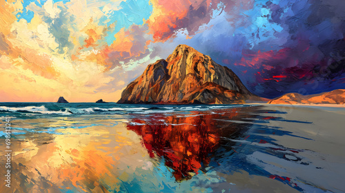 Painting sunset in the mountain   ai generative