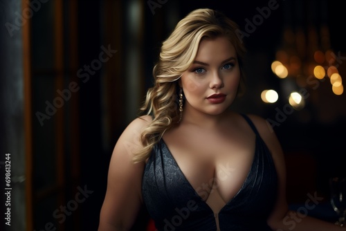 Close up beautiful young body positive buxom woman in open seductive night dress for a date