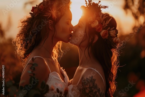 Sunset Elegance: A Lesbian Marriage Celebration Outdoors, Featuring Kissing Brides in Beautiful Wedding Dresses and Chic Hairstyles with Flowers.