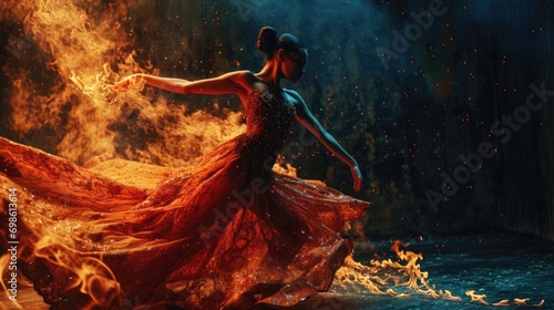 Flamenco Dance Fiery Passion. A stunning Spanish woman gracefully dances flamenco, with burning flames in the background. Expression of passion and artistry concept
 photo