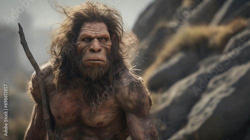 Ancient Explorer: Australopithecus Explores Its Primordial Habitat - A Glimpse into the Curiosity and Adaptation of Early Human Ancestors in Prehistoric Times.