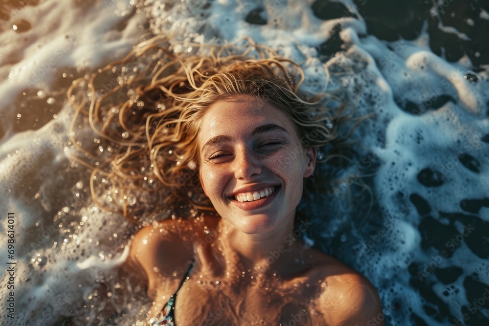 Obraz premium Beach Sun-Kissed Beauty. Stunning sexy blonde woman in bikini basking in golden hour light, laying on water waves. Summer and relaxation concept