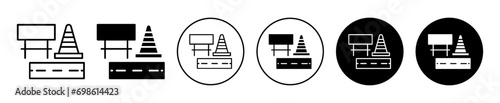 road construction icon. work in progress warning road signboard symbol. traffic stopper control cone on roadside vector. road construction alert safety instruction to stop car drive set. roadwork sign