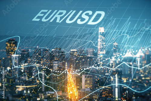 Abstract virtual EURO USD financial chart illustration on San Francisco skyline background. Trading and currency concept. Multiexposure