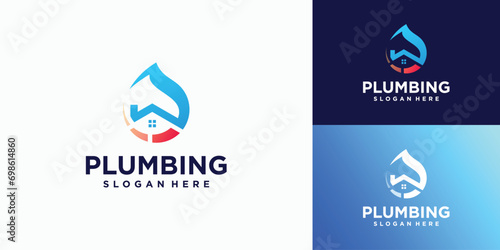 Home plumbing service logo design in the shape of a water drop, installation, maintenance and repair photo