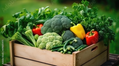 Fresh vegetables in a wooden box. Healthy food concept.