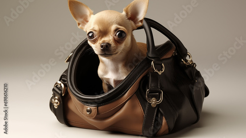 Handtaschenhund, Hund der in einer Tasche sitzt und wie ein Accessoire mitgenommen wird, Luxusleben photo