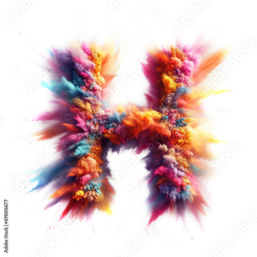 Letter H - Colored powder explosion font isolated on white background - uppercase letter H from the alphabet - Vibrant colors contrasting with a white background text - Colorful dust burst typeset photo