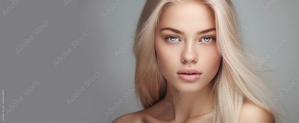 Naklejka premium Portrait of a beautiful, elegant, sexy Caucasian woman with perfect skin and white long hair, on a gray background.
