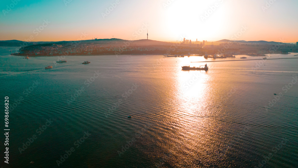 Istanbul Bosphorus channel aerial view at early morning sunshine  