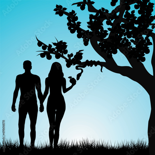 Silhouette of Adam and Eve under the forbidden apple tree and the snake