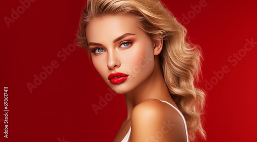 Portrait of a beautiful, sexy Caucasian woman with perfect skin and white long hair, on a red background.