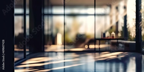 Blurred and abstract interior background. Creates soft and defocused suggesting modern and well lit space. Elements like chairs tables and window are visible but lack specific details due to blur