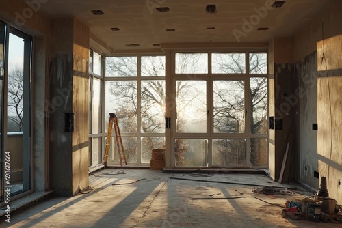 House Renovation Evolution: Construction Site for Finishing the space with Big Windows, Capoto, and Drywall © Mr. Bolota