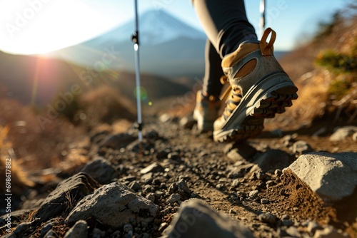 Mountain Adventure: Person in Hiking Boots Walking with Mount Fuji in the Background - JAPAN, A Thrilling Trekking Experience Exploring Nature and Conquering the Summit.