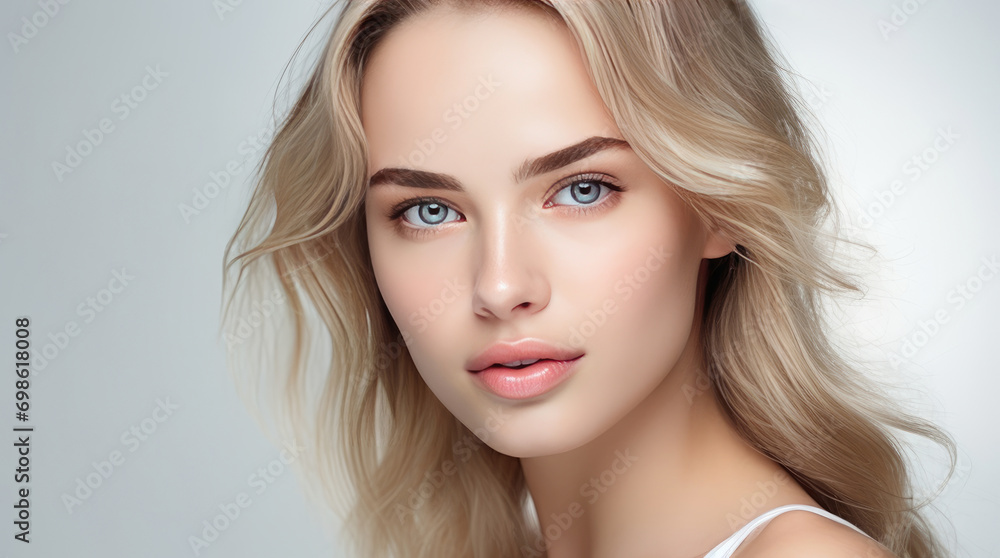 Portrait of a beautiful, elegant, sexy Caucasian woman with perfect skin, on a white background, banner. Portrait of a beautiful, elegant, sexy Caucasian woman with perfect skin, on a white background, banner.