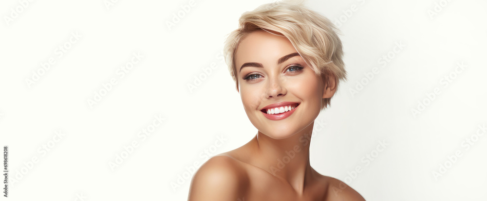 Obraz premium Portrait of a beautiful, sexy Caucasian woman with perfect skin and white short hair, on a white background.