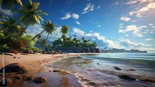 A breathtaking sunrise over a serene tropical beach, promising a day of relaxation and beauty. [an unforgettable holiday in the paradise of the earth]